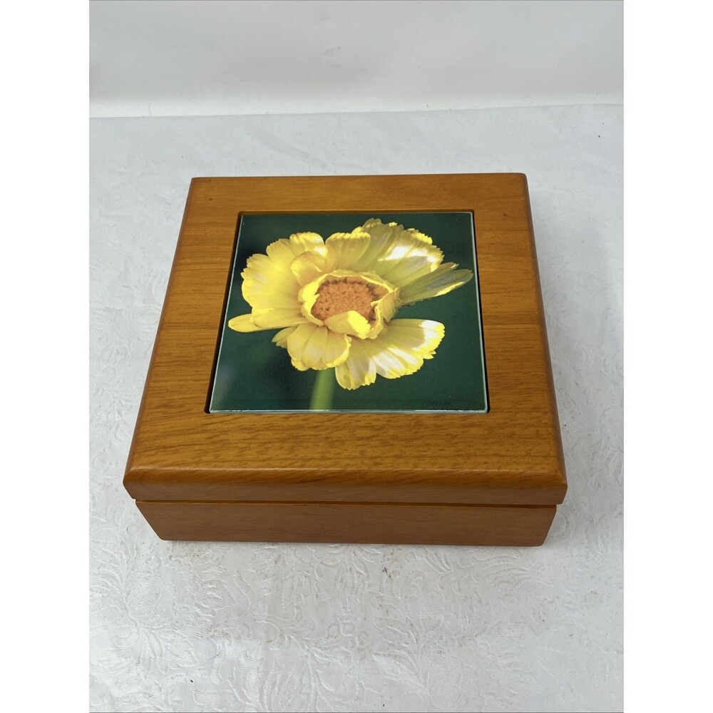 Vintage Flower Tile Top Wooden Jewelry Box Hinged Velvet Lined Marigold Trinket